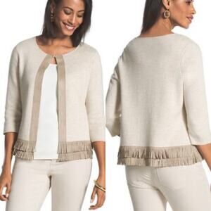 Chico’s Fringe-Hem Cardigan Women's Sweater size 2 (Large) beige faux suede